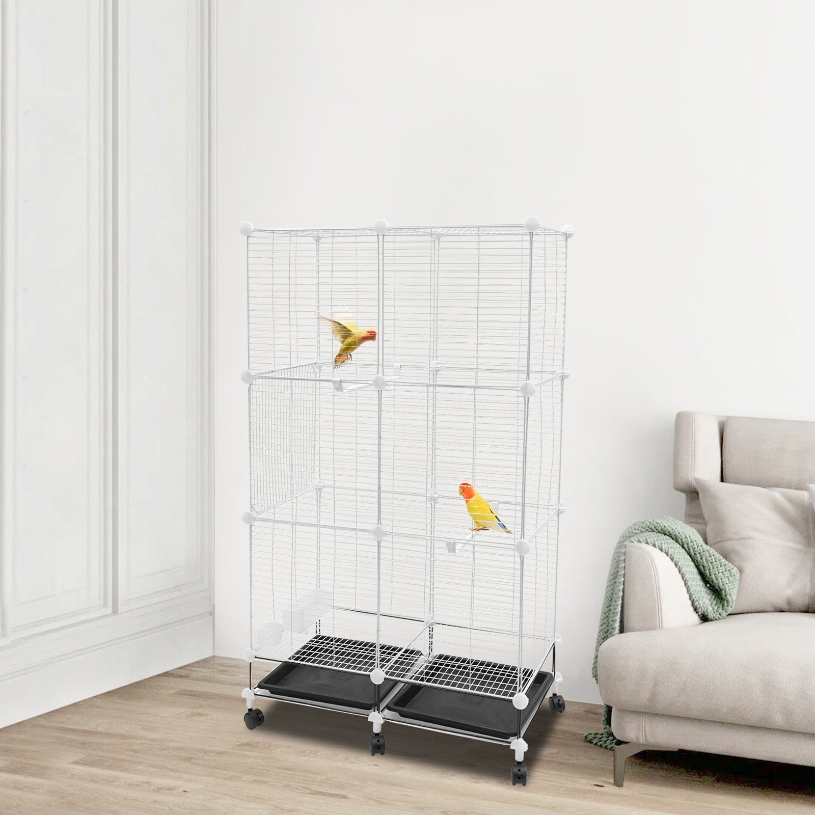 Large Bird Cage 360° Fully Open, 3-Tier Movable Pet Bird Flight Cage with 6 Universal Wheels, Panorama Bird Aviary Indoor 29.5x14.6x49.2in with 1-10 Birds Capacity with Stand 2 Tray (Iron Net)