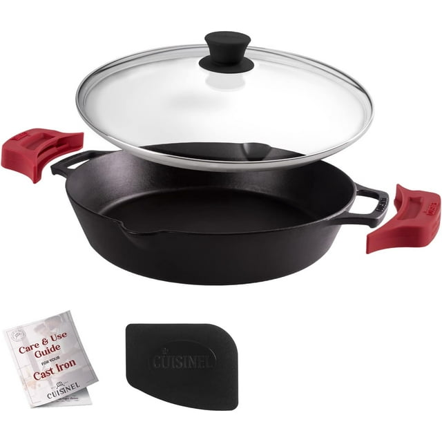 Ensemble de Poêles en Fonte + Couvercles en Verre &#;+&#;+&#;Poêles à Frire + Couvercles Porte-Poignée en Silicone Batterie de Cuisine pour Four Pré-Assaisonnée Utilisation Intérieure/extérieure Gril Cuisinière Camping F