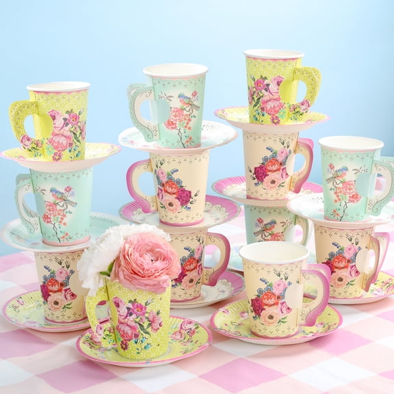 Talking Tables 24 x Vintage Paper Floral Disposable Tea Cups & Saucer Set, Afternoon Tea Party Table Decorations For Mother’s Day, Birthday, Baby Shower, Wedding