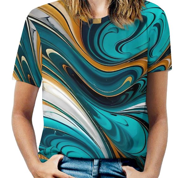 Ladies T-Shirt Blue And Gold Marble Print O Neck T Shirts Short Sleeve Vintage Design Tshirt Casual Top Tees Large Size
