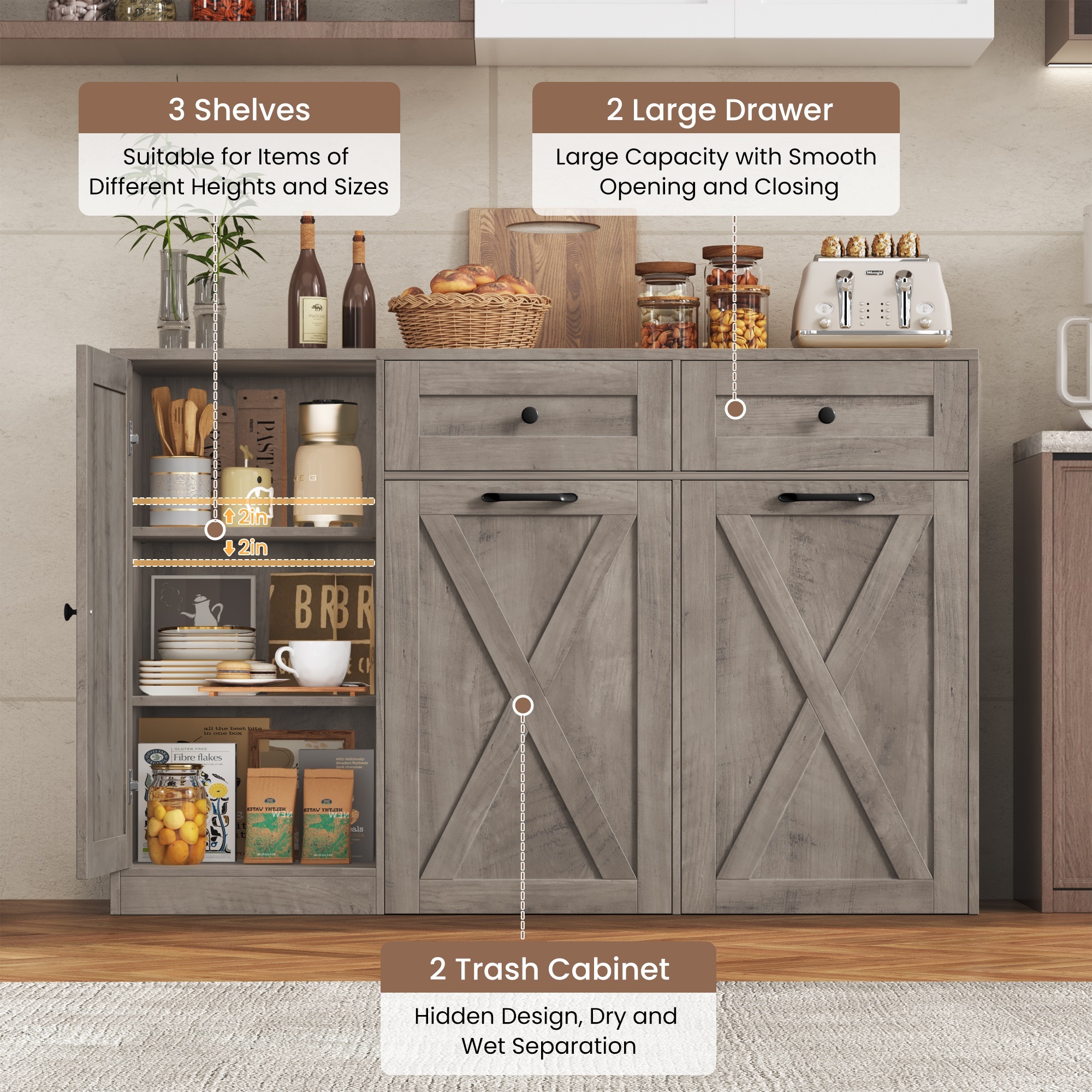 Homfa 47.2"W Kitchen Sideboard Credenza, Trash Can Cabinets Fits 12.5 Gallon Can, 2 Drawer Wood Buffet Storage Cabinet with Adjustable Shelf, Wash Gray