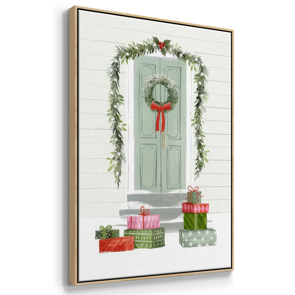 Festive Front Door Collection B - Framed Gallery Wrapped Holiday Canvas - 17 x 25 - Natural Wood Frame