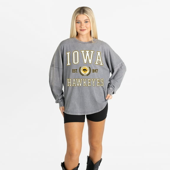 Women's Gameday Couture Gray Iowa Hawkeyes Oversized Final Score Snow Wash Long Sleeve T-Shirt