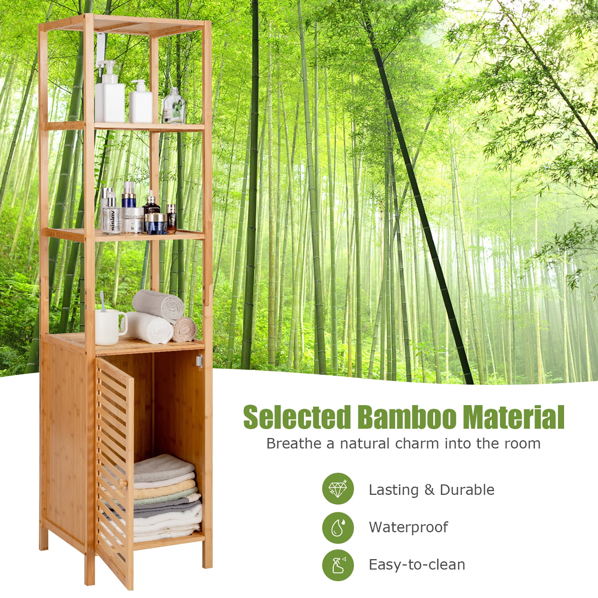 Costway Slim Furniture 4 Tier Bamboo Bathroom Storage Tower Small Space Tall Organizer with Louvered Door Walmart