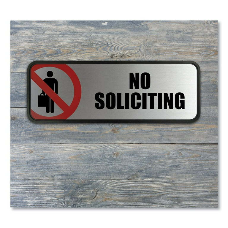 Brushed Metal Office Sign, No Soliciting, 9 x 3, Silver/Red Brushed Metal Office Sign, No Soliciting, 9 x 3, Silver/Red