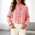 thumbnail image 4 of larppty Womens Plaid Ruffle V Neck Button Down Blouse Casual Long Sleeve Trendy Tops Work Checkered Shirt (Red, XXL), 4 of 9