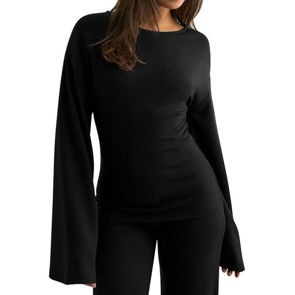 Women'S Round Neck Flare Sleeve Top and Straight Leg Pants Two Piece Set Casual Loungewear Sporty Black S