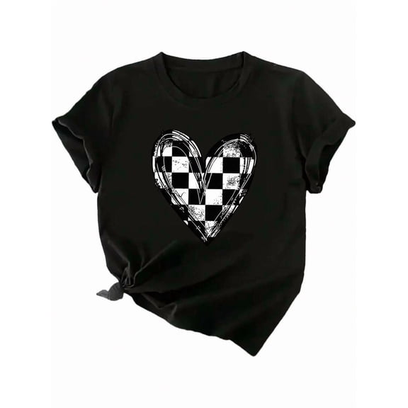 Women's Black "Distressed Checkerboard Heart" Graphic T-Shirt, Crew Neck Casual Top