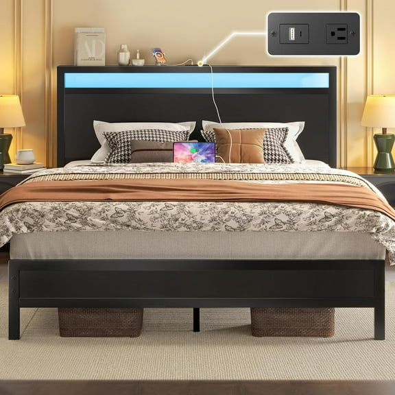 Queen Bed Frame with Headboard & Footboard, Bed Frame with Built-in Charging Station & LED Light, Storage Shelf, Noise-Free, No Box Spring Needed, Easy Assembly, Classic Black