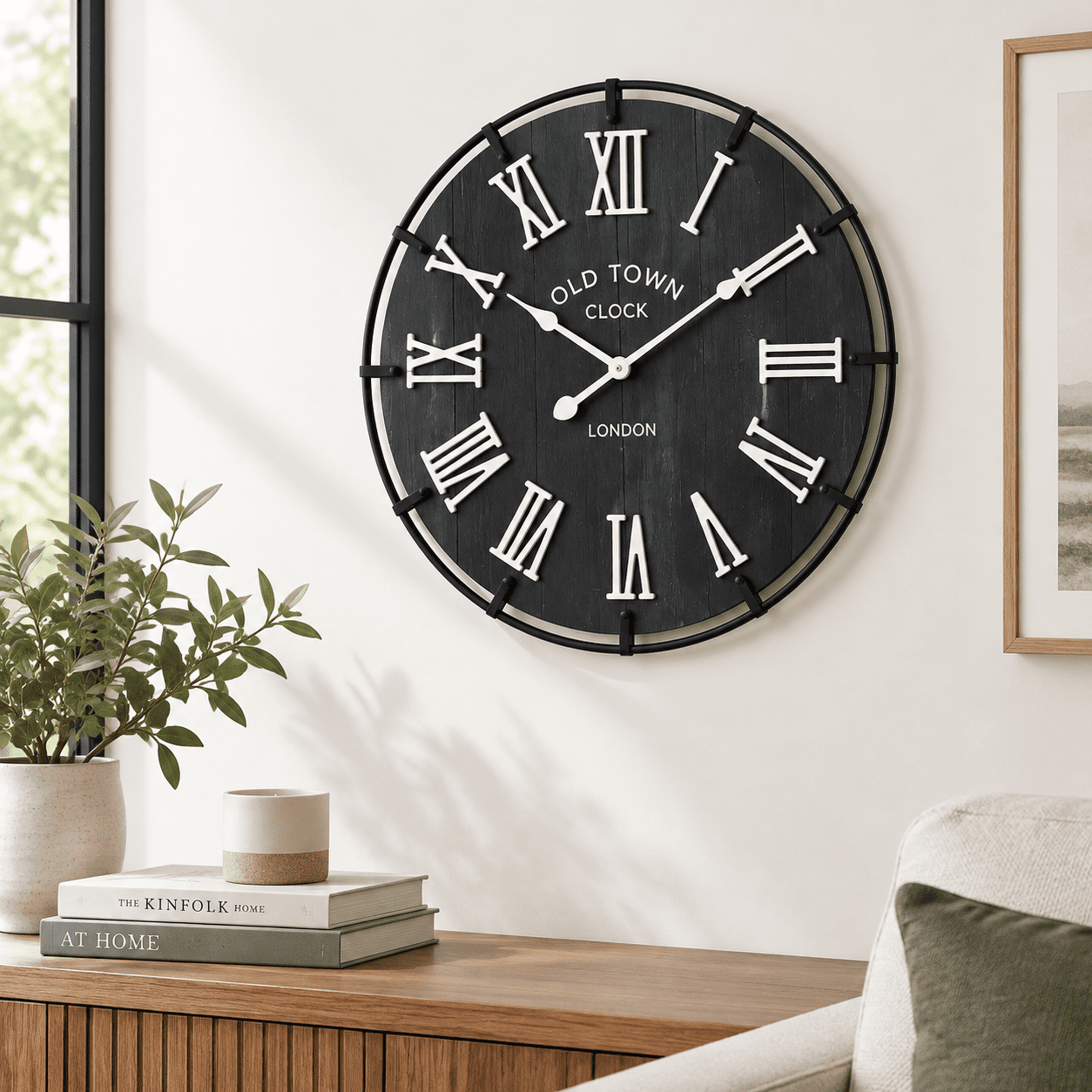 24 Inch Vintlondon Style Wall Clock Black Wood Grainground With White Roman Numerals Rustic Metal Frame Silent Non-ticking For Fi