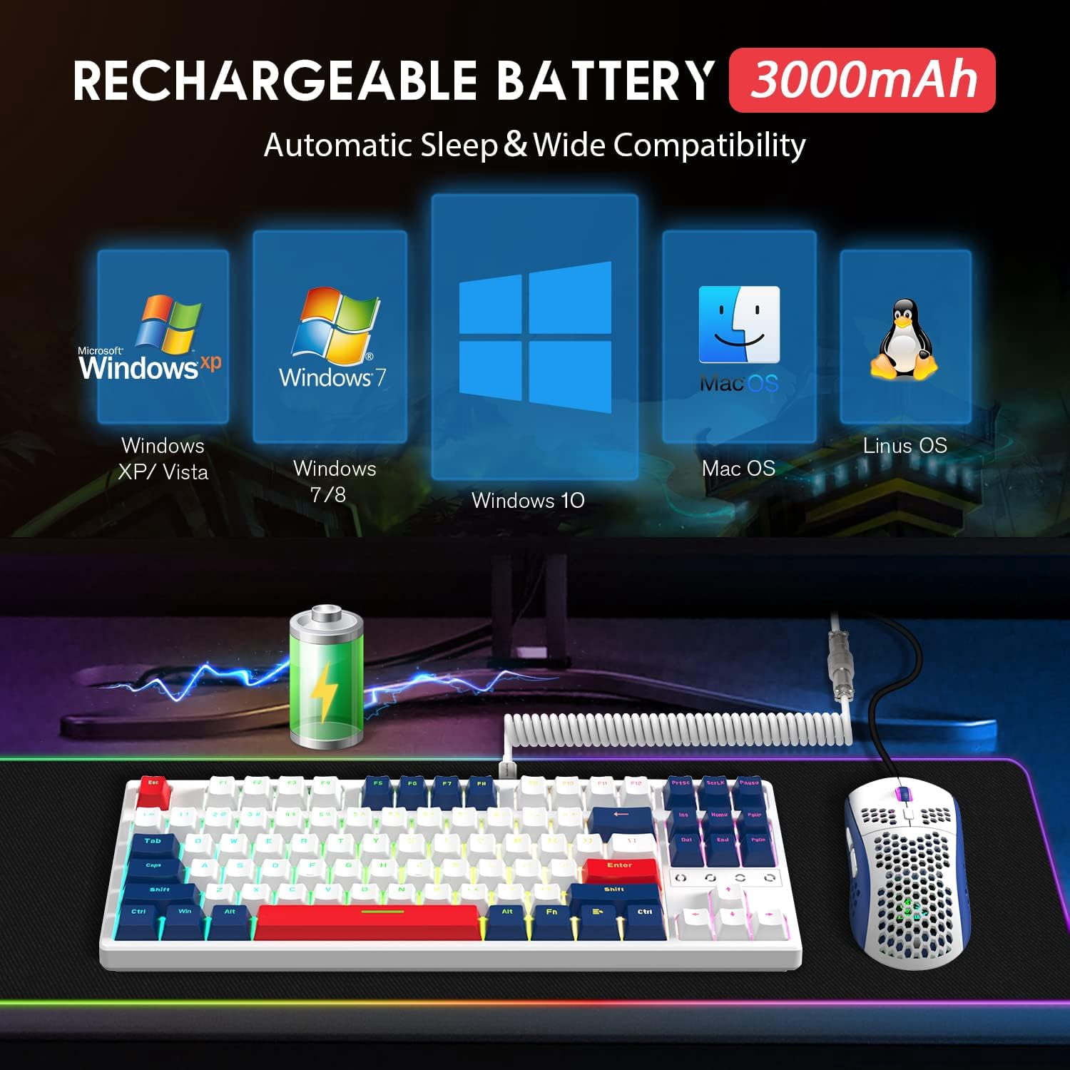 Attack Shark Gaming Keyboard 2.4G/BT5.0/USB-C Cable,Hot-swap Tactile Switch,RGB,3000mAh for PC