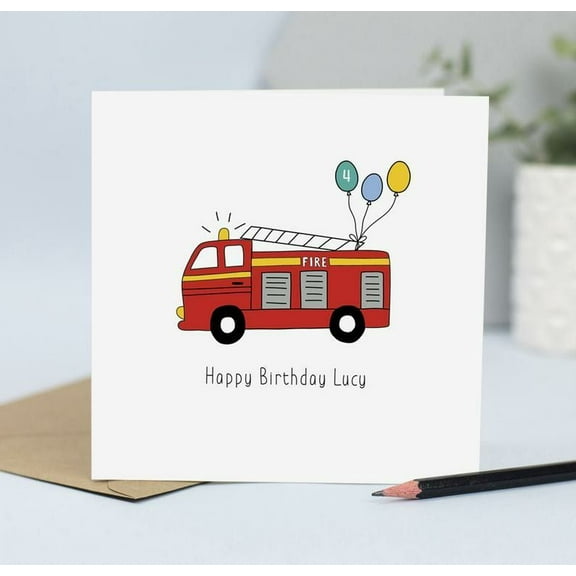 Happy Birthday Fire Truck Card – Fun Kids Card with Balloons – Perfect for Ages 4 and Up – Blank Inside with Envelope Included