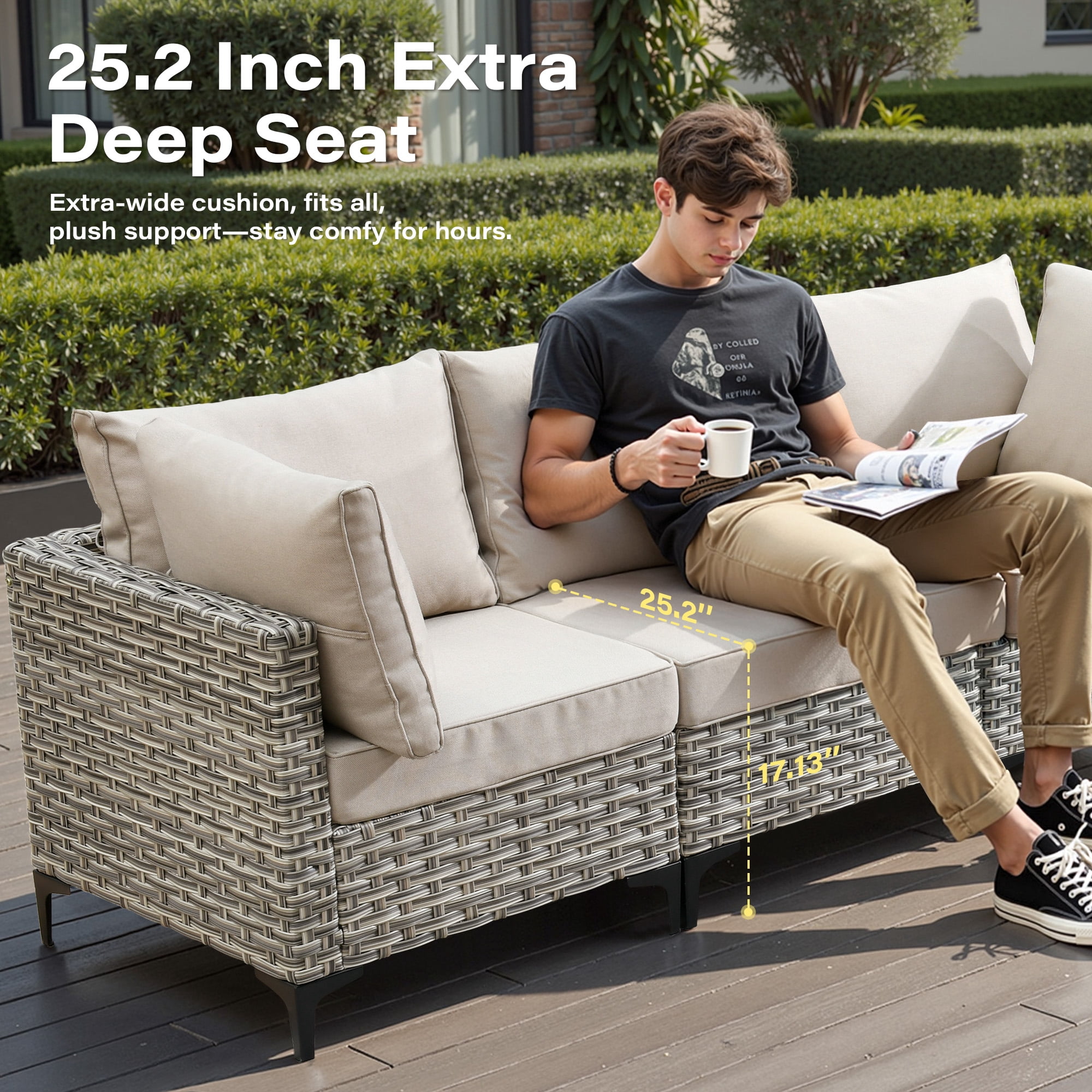 Toject 9 Pieces Patio Furniture Set All Weather Wicker Outdoor Conversation Set with 42" Fire Pit Outside Furniture Patio Sofa with Swivel Chairs & Solar Table, Beige