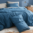 thumbnail image 5 of 100% Cotton Comforter Set – Dark Blue, Linen-Like Texture, Super Soft & Breathable Lightweight Bedding Set, 3-Piece Durable Percale Comforter for All Seasons, 5 of 7