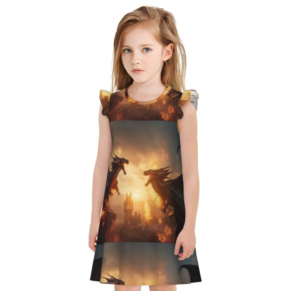 Disketp Castle Cool Fire Dragon Print Girls Nightgowns 3-10 Years Flutter Short Sleeves Nightdress Pajamas for Little Girls-XX-Large