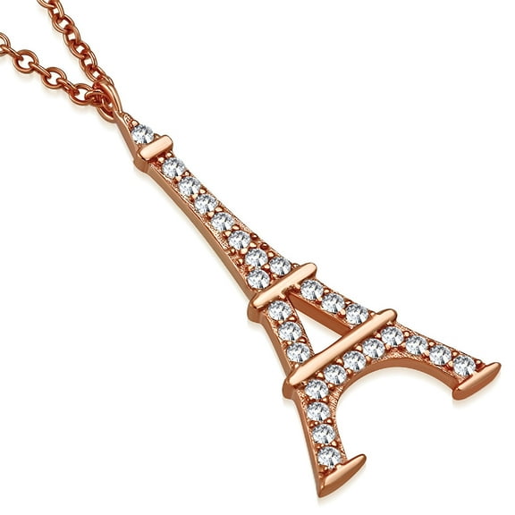 925 Sterling Silver French France Eiffel Tower CZ Pendant Necklace