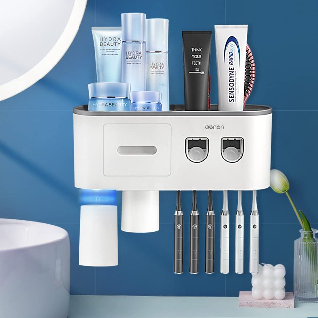 Double Automatic Toothpaste Dispenser, Electric Toothbrush Holder Wall Mounted for Bathrooms with 2 Toothpaste Squeezer, 2 Magnetic Cups, Storage Drawer and 6 Toothbrush Organizer Slots