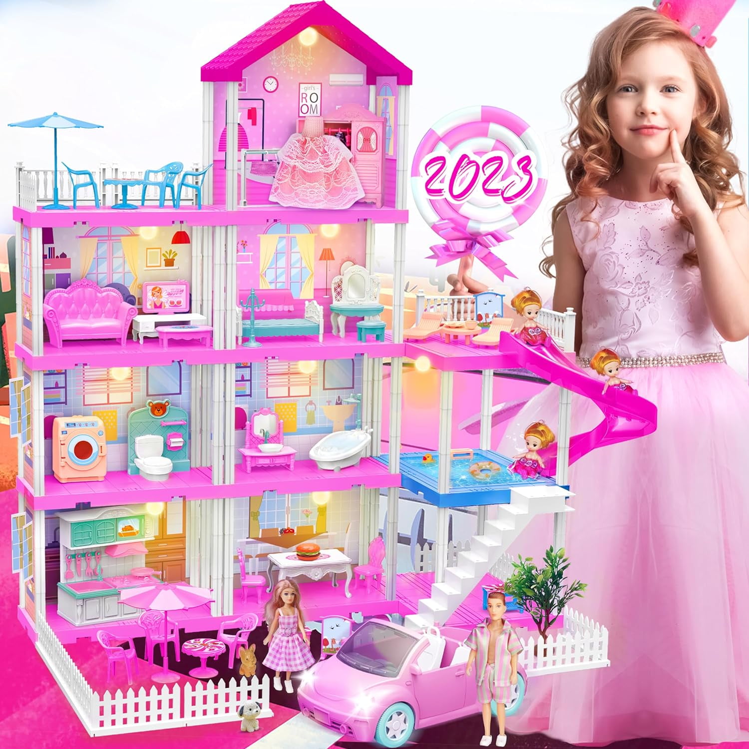 2023 Doll Houses for Girls House for Dream Doll Playset 4 Story 11 Rooms with 3 Dolls Toy Figures 2 Pets Pink Car Furniture Accessories Toy Gifts for Kids 3 4 5 6 7 8 9 Year Old Walmart