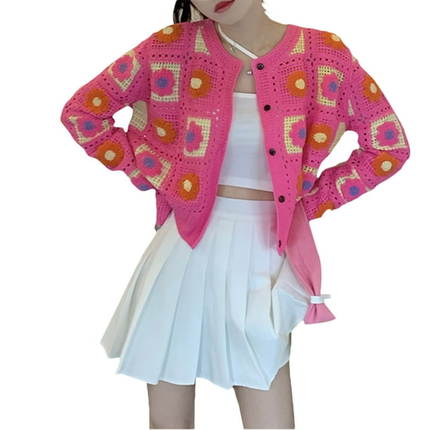 Txlixc Suéter floral de ganchillo femenino, cardigan de botón de manga larga, negro / beige / rosa Txlixc moda