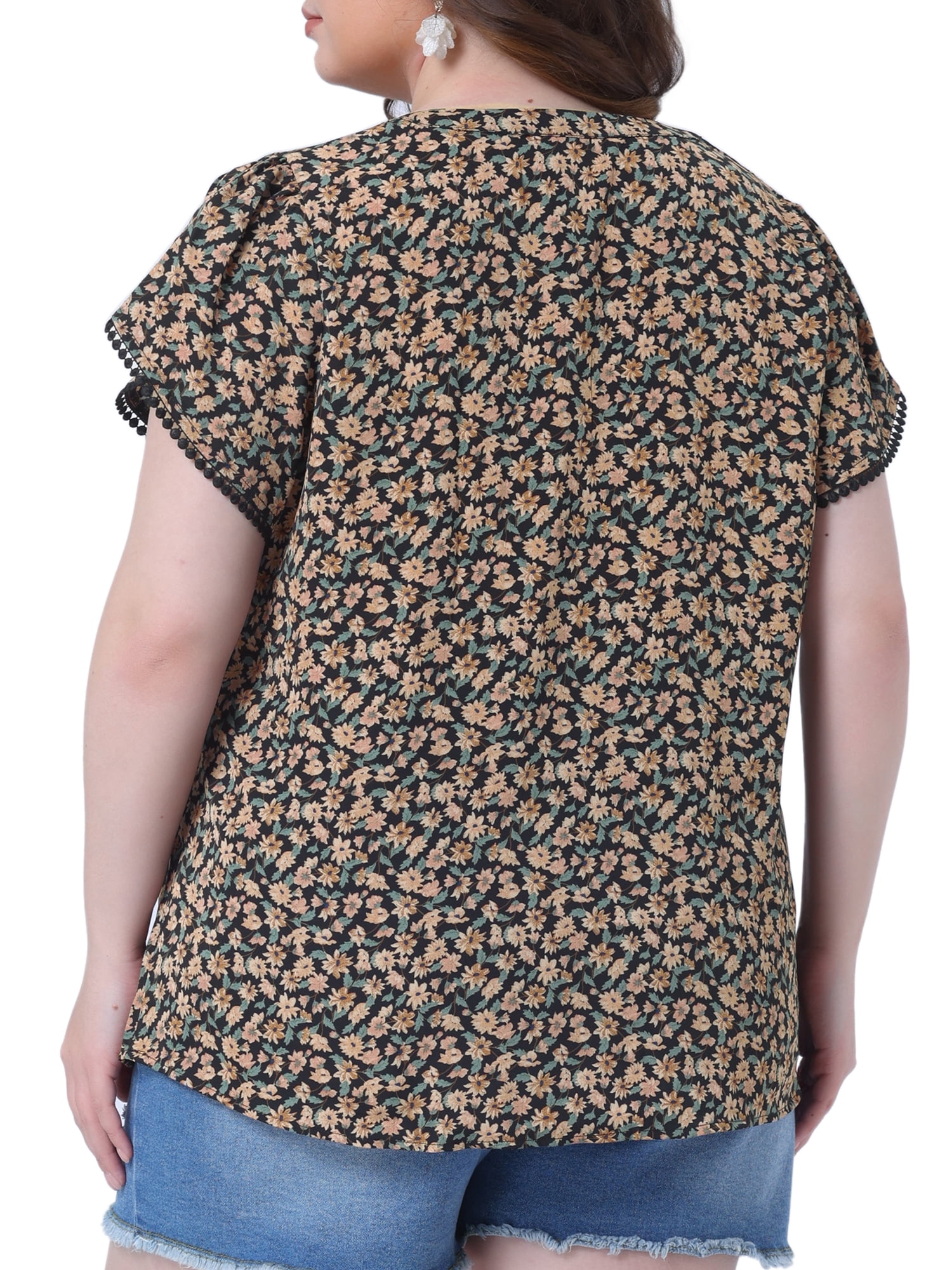 Women's Plus Tops Floral V Neck Tulip Sleeve T-Shirt Tee Summer Top 4X Beige