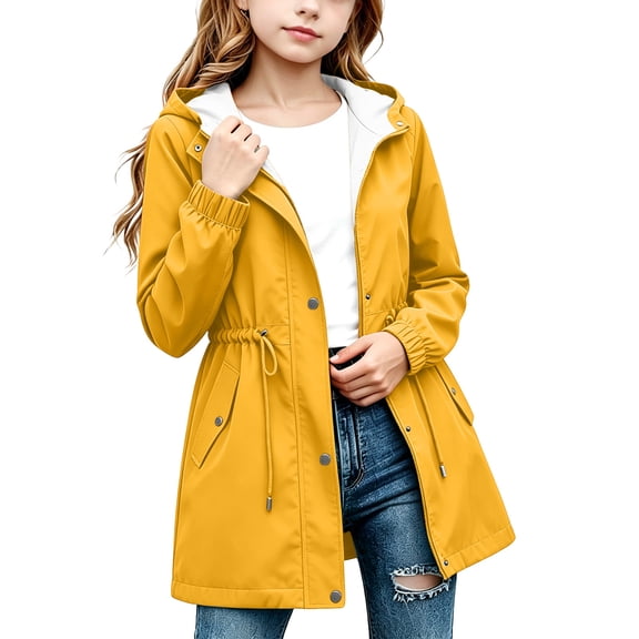 vdgthytj Rain Jacket for Girls Full Zip Snap Button Long Sleeve Waterproof Hooded Jackets Drawstring Waist Outdoor Outerwear(15-16 Years,Yellow)