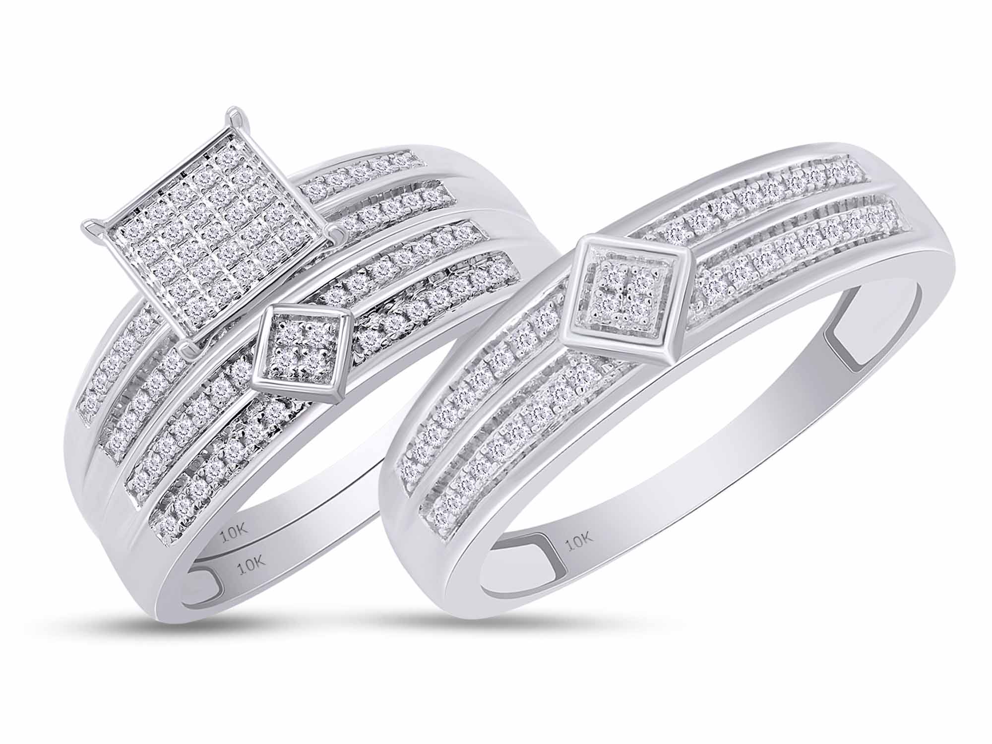 AFFY White Natural Diamond Wedding & Engagement Trio Band Ring Set In 10k White Gold (0.43 Cttw), Ring Size -9.5