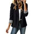 thumbnail image 2 of Drovellove Women's Casual Blazer with Notched Lapel and 3/4 Sleeves | Woven Button Front Jacket with Striped Turn Up Cuffs, Tailored Fit for Office, Business Meetings, Dating, 2 of 9