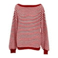 thumbnail image 3 of Women Striped Off Shoulder Knit Pullover Sweater Oversized Loose Long Sleeve Drop Shoulder Knit Top Soft Casual Fall Winter Blouse Fashion Daily Outfit S-XXL, 3 of 4