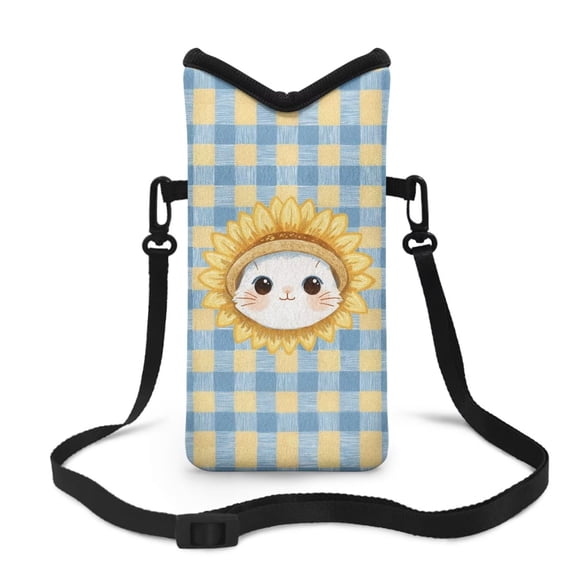 LedBack Cat Sunflower Print Crossbody Phone Bag for Woman Waterproof Neoprene Phone Sleeve Pouch with Crossbody Strap/Neck Lanyard Fit Most of Smartphones, 8'' x 4''