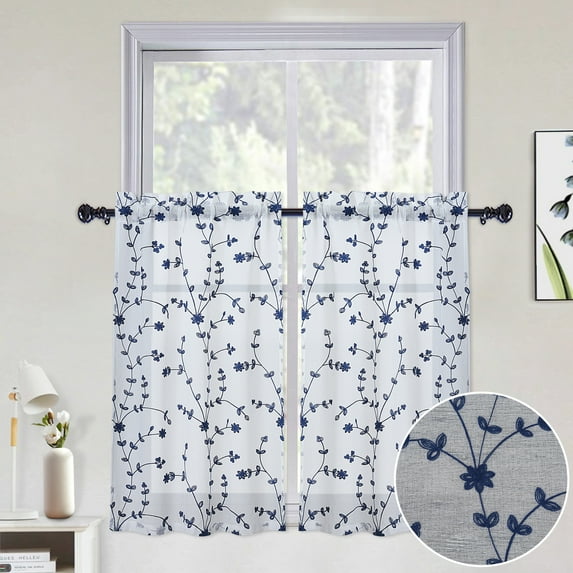 Haperlare Sheer Kitchen Curtains Leaf Embroidered Cafe Curtains Voile Drapes Semi Sheer Bathroom Curtain, Navy Blue, 26"W x 24"L, Set of 2