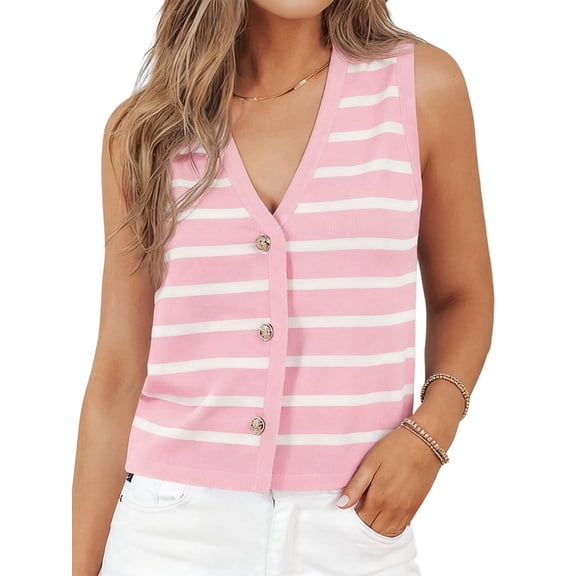 Women'S Knit Striped Vest Sleeveless Button Down Cardigan Short Cropped Sweater Waistcoat Pink M