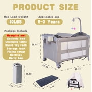 Unisex Nursery Center Portable Baby Play Yard Folding Playpen with Bassinet,Changing Table,Wheels,Elevated Mosquito Net for Newborn,Four-Panels
