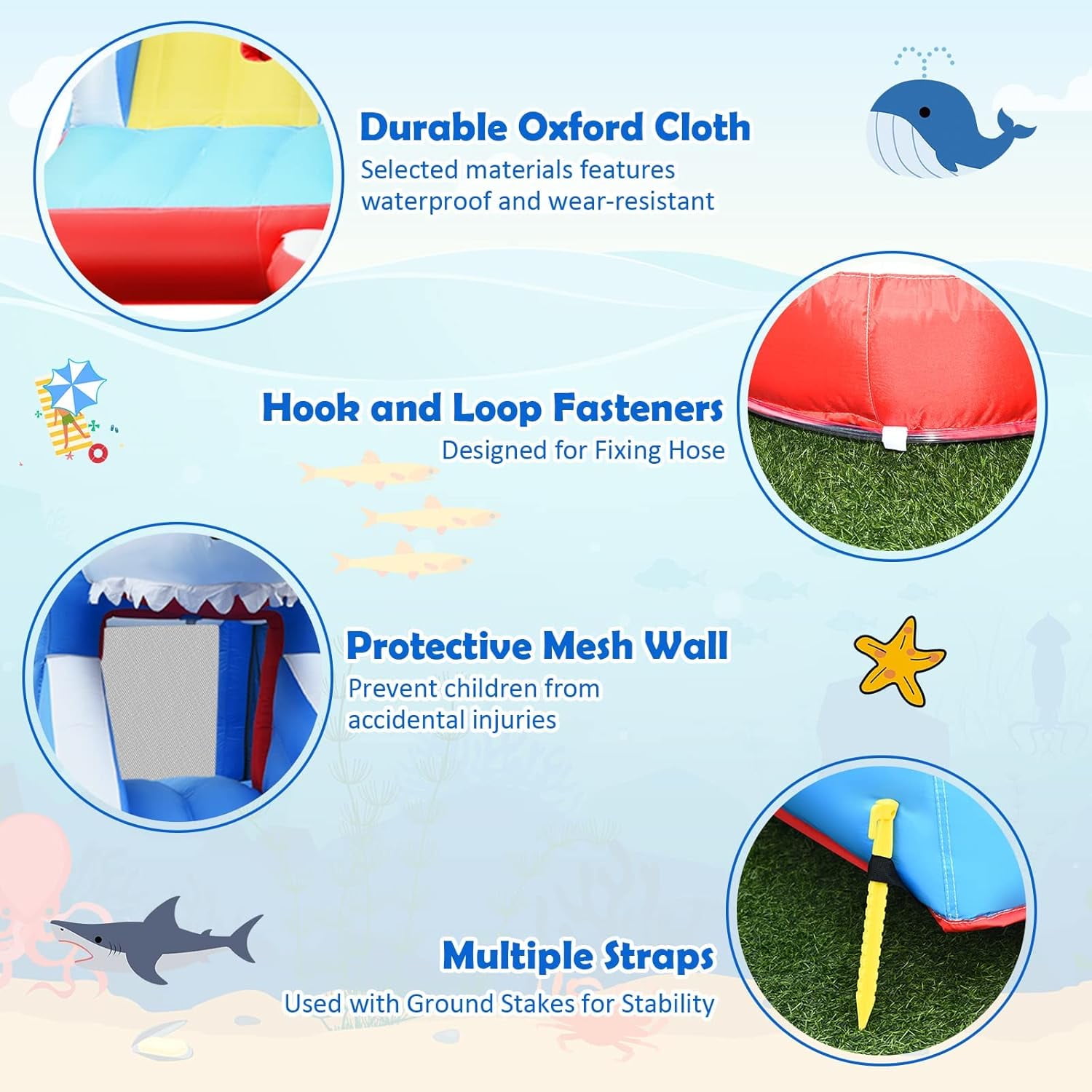 OLAKIDS Inflatable Water Slides, Bouncing House with Slide, Splash Pool, Climbing Wall, Water Blaster, Shark Themed Bouncer Castle Outdoor with Hose, Carry Bag, Blower