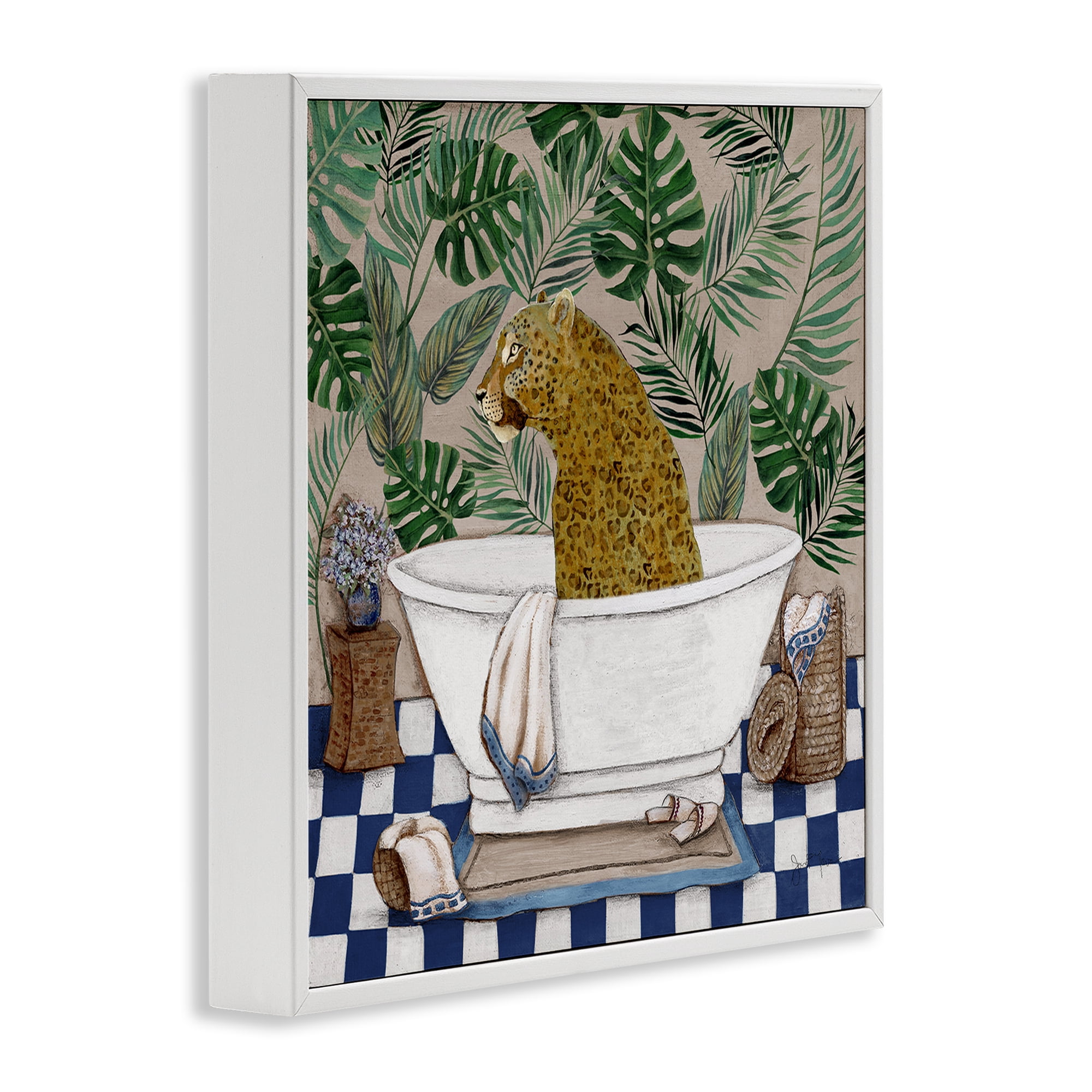 Stupell Industries Leopard in Tropical Bathtub White Framed Giclee Art, design by Janet Tava