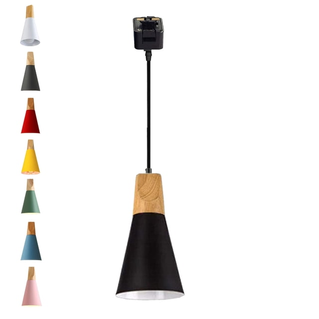 FSLiving J-Style Track Mount Pendant Fixture Scandinavian Style Pendant Lights for Kitchen Hanging Lamp Modern Wood and Aluminium Light Customizable,Black - 1 Light