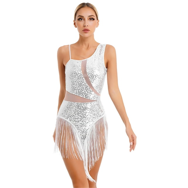 IEFIEL Womens Sparkly Sequin Tassels Bodysuit Fringes Latin Samba Dance