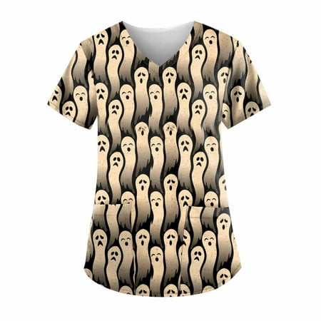 

Xutthjh Women Scrubs Top Casual Fashion Tops Shirt Halloween A Printed V-Neck Shirt Short Sleeve Top Work Shirt