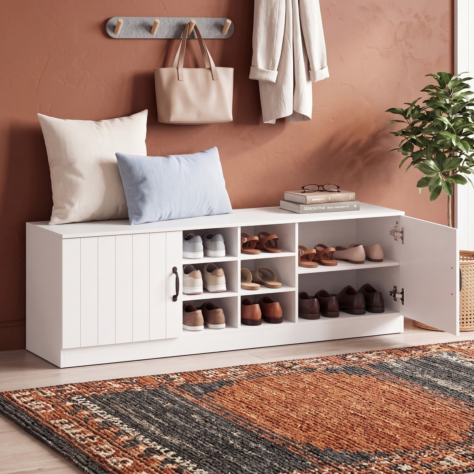 Furnibear 59 Inch 2-Door Shoe Bench Storage Cabinet with 6 Compartments and Adjustable Shelves for Entryway and Hallway, White