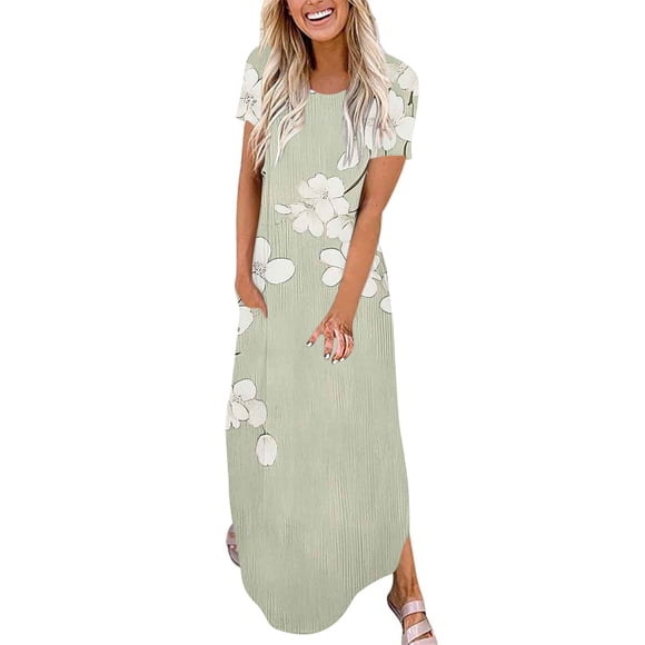Staron Womens Summer Dress Loose Hawaiian Sleeveless Maxi Long Sundress Split Casual Spring Party Beach Dresses with Pockets Gray S