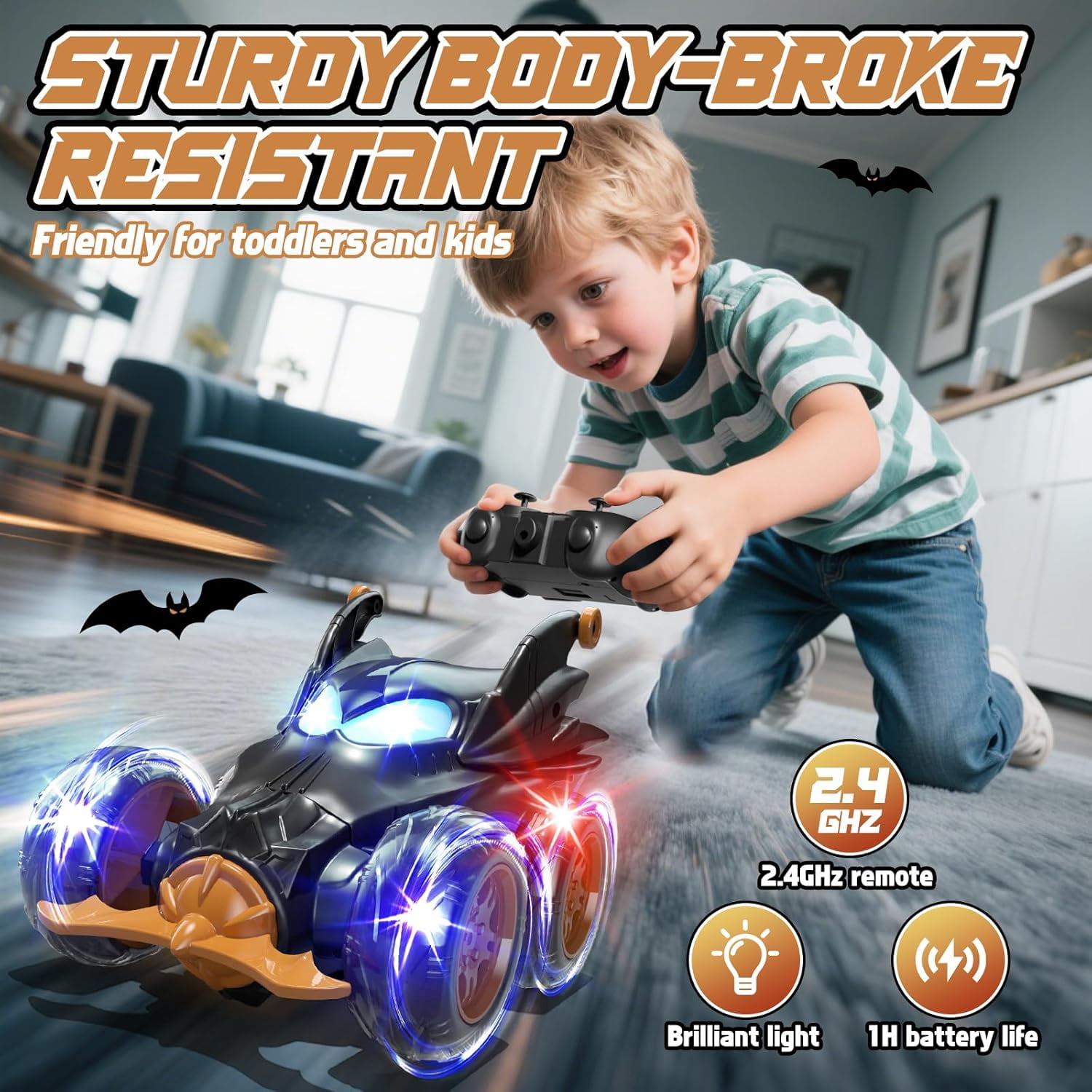 Bat Remote Control Cars for Boys 4-7, 2.4Ghz Rechargeable RC Stunt Car with Cool Lights Toys Gift for Boys Age 4 5 6 7 8 Year Old Outdoor Toys
