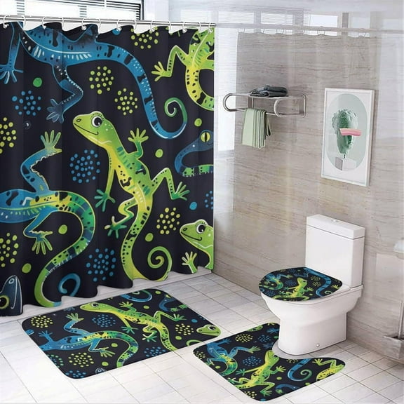 4Pcs Cartoon Gecko Shower Curtain Set with Rugs, Toilet Lid Cover and Bath Mat, Abstract Forest Animal Plants Bathroom Curtains Decor Shower Curtains, 72" x 72"