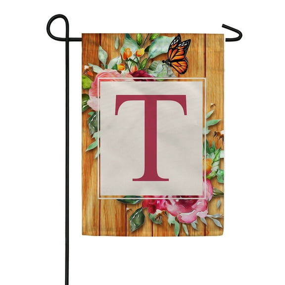 America Forever Spring Monogram Garden Flag Letter T 12.5 x 18 inches Double Sided Vertical Outdoor, Yard, Lawn, Seasonal Decorative Flowers Bees and Butterflies Summer Garden Flag