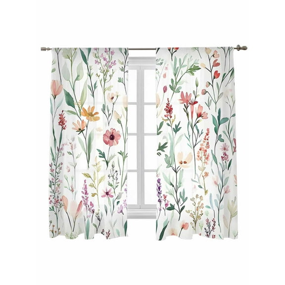 Spring Sage Floral Sheer Curtains 72 inches Long 2 Panels Set Watercolor Style Red Flower Sheer Window Curtain Rod Pocket Voile Drapes for Living Room/Bedroom, Each 52" W x 72" L