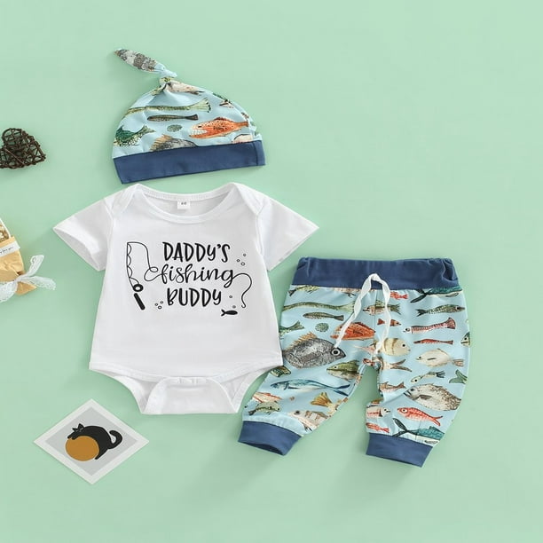 3PCS Infant Baby Boy Girl Daddy's Fishing Buddy Short Sleeve Romper Fish  Print Pants Hat Clothes Outfit Set 