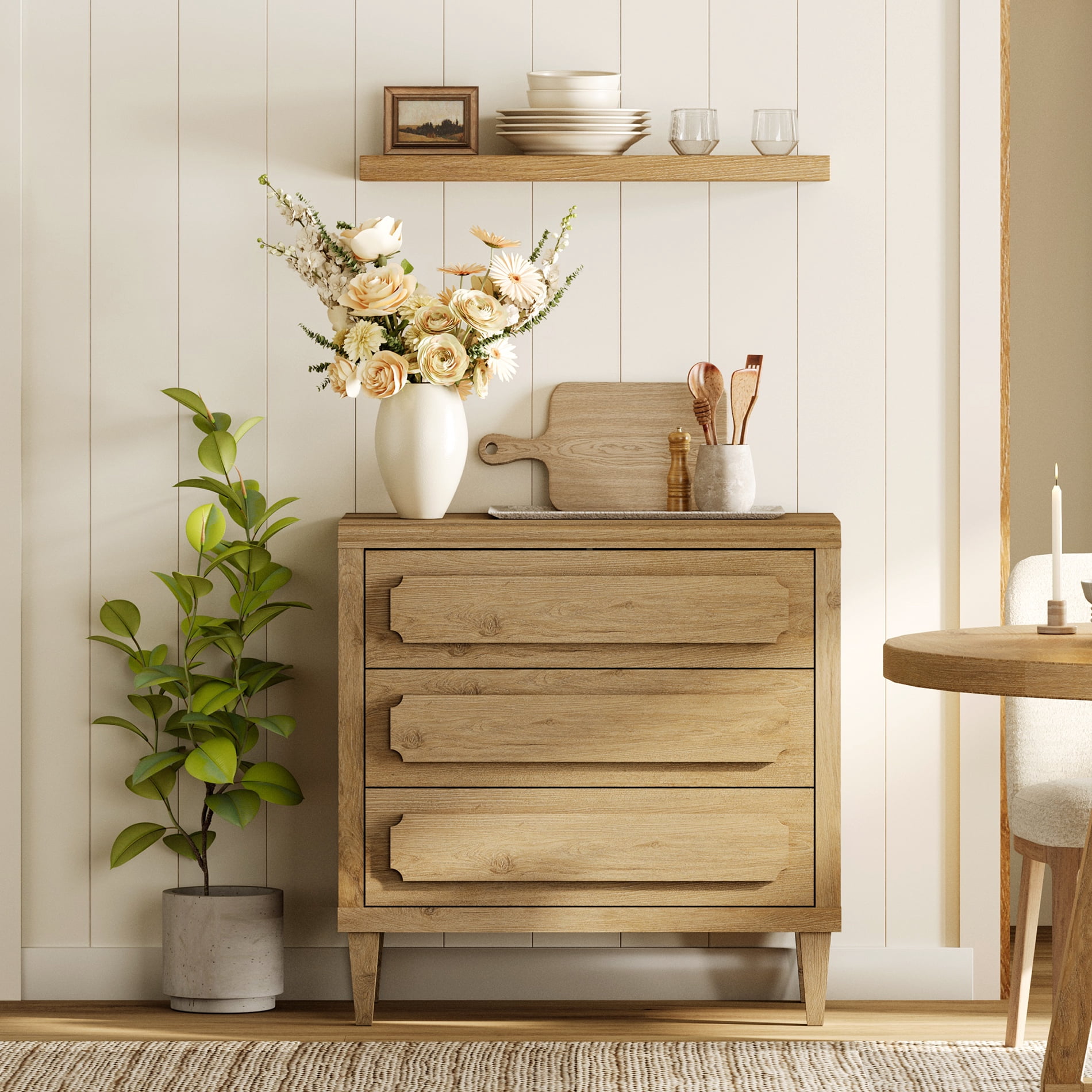 WAMPAT Large Wood Nightstand with 3 Drawers