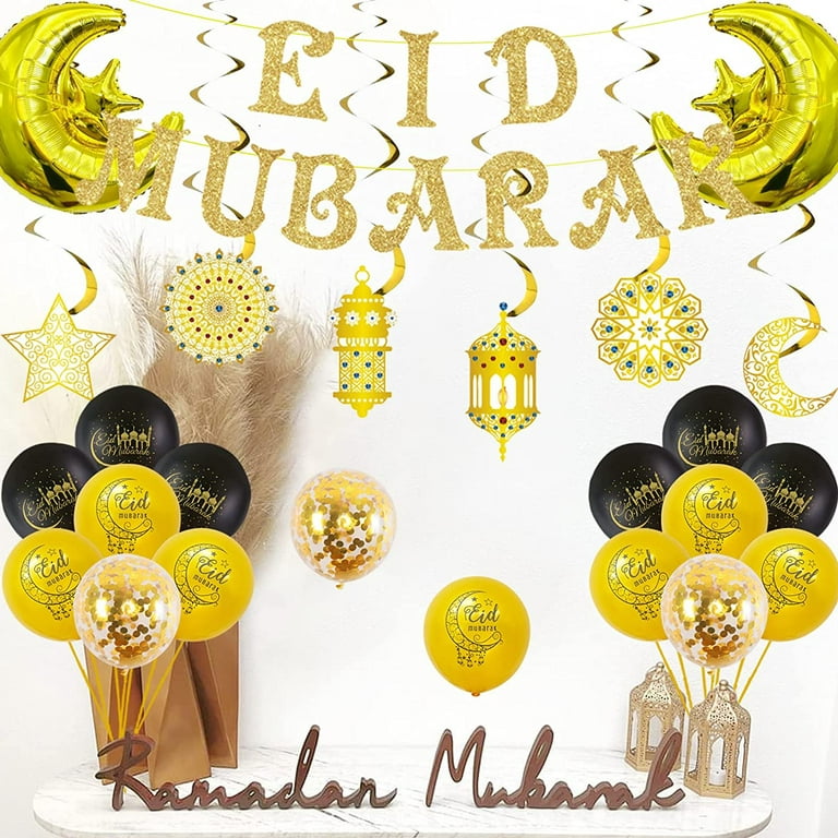 Eid Mubarak Decorations Black Gold, Glitter Eid Mubarak Banner 2023 Eid  Ramadan Balloons Decorations for Home Ramadan Hanging Swirls Islamic Decorations  Eid Festival Party Supplies 