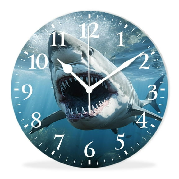 Modern Wall Clock Battery Operated Analog Clock with Quality Quartz Non-Ticking,Decorative for Kitchen-Great White Shark Open the Mouth(10inch)