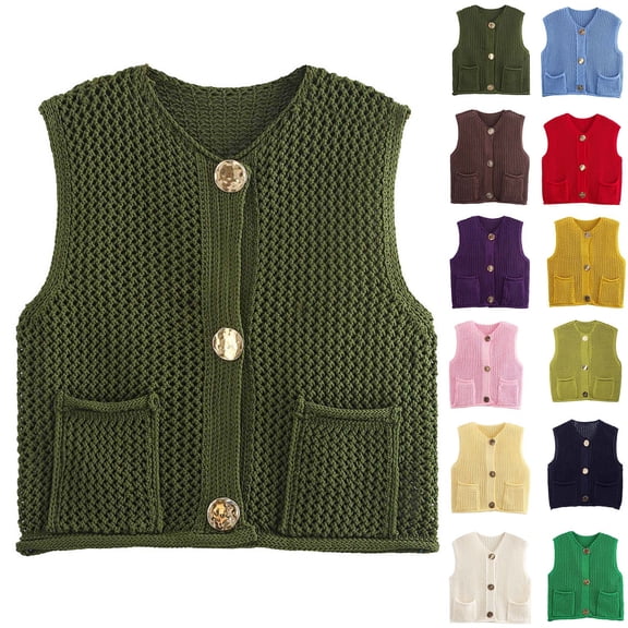 Womens Knit Crop Sweater Vest Button Up Sleeveless Short Outerwear with Pockets Spring Fall Layering Tops (XL, Army Green)