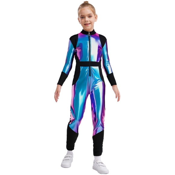 Raenseen Unisex Kids Metallic Zipper Jumpsuit Space Suit Sci-fi Sparkli Alien Blue 16