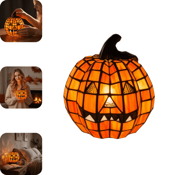 Vintage Halloween Pumpkin Lamp Decor, Classic Stained Glass Pumpkin Table Lamp, Cozy Ambient LED Light for Holiday Party Mantel Fall Home Decorations M A-1PC